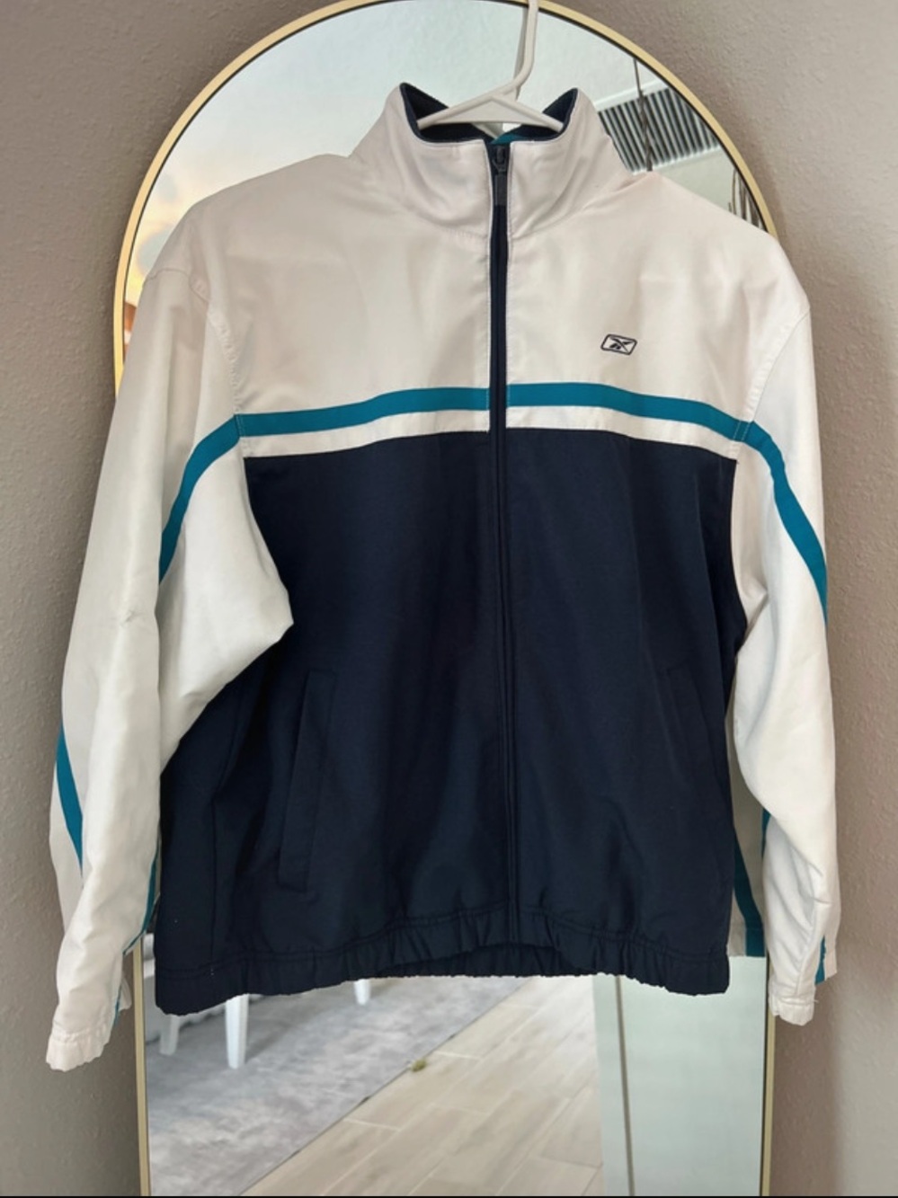 Reebok Women’s White & Navy Track Jacket with Teal Stripes
